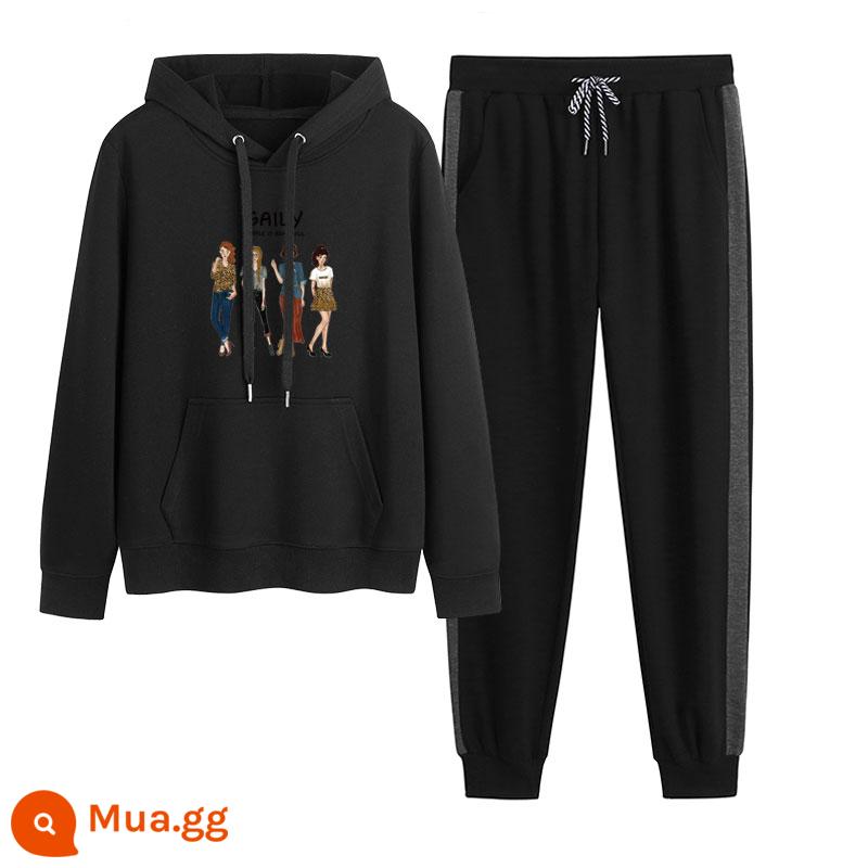 2023 mới mùa thu đông Plus nhung dày hoạt hình hoodie quần 2 Hàn Quốc thể thao giản dị phù hợp với triều - Cạnh đen + xám (không có nhung)