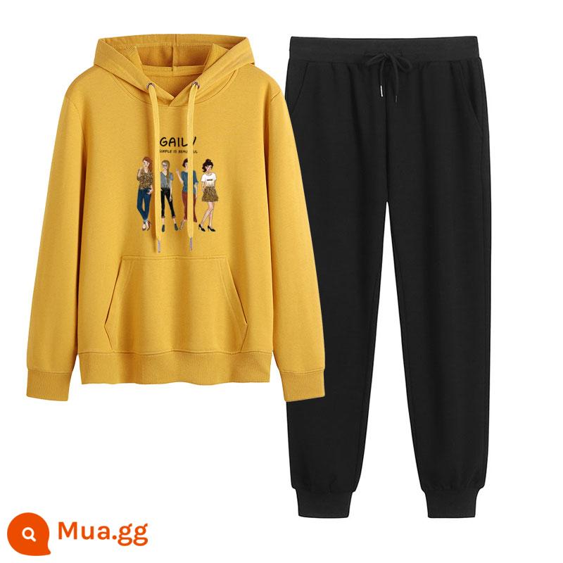 2023 mới mùa thu đông Plus nhung dày hoạt hình hoodie quần 2 Hàn Quốc thể thao giản dị phù hợp với triều - Vàng + đen (không có nhung)