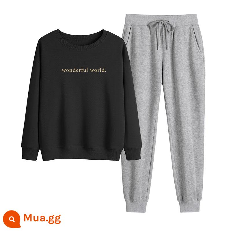 Fried Street Sweater Women Set Plus Velvet dày mùa thu và mùa đông Bạn gái cài đặt thiết kế thời trang giảm tuổi, thủy triều hai lần đơn giản - Đen + xám nhạt (không có nhung)