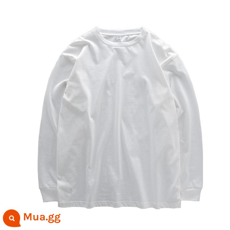 Áo thun nam dài tay nặng 280g kiểu Mỹ DUKEEN mùa xuân thu cotton nguyên chất màu trắng đáy áo sơ mi cổ tròn cotton dày Áo thun nam - Trắng