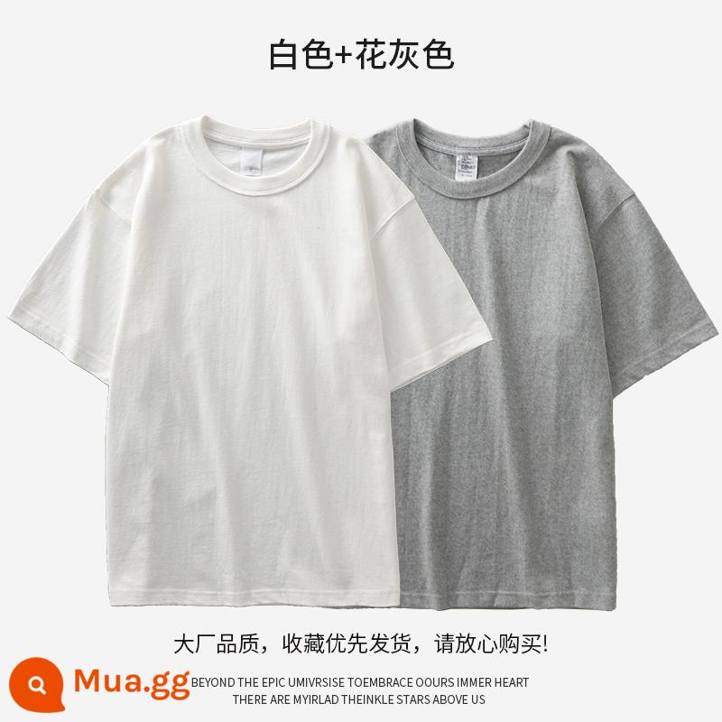 DUKEEN phong cách Mỹ nặng 320g áo thun nam ngắn tay mùa xuân và mùa thu đồng màu bên trong áo ba lỗ cotton dày dặn - Trắng + Hoa Xám