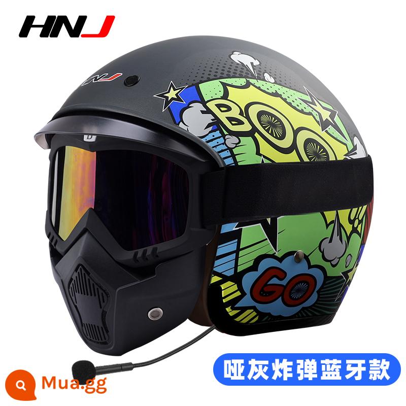 HNJ Nữ Mũ Bảo Hiểm Harley Nam Bốn Mùa Đa Năng Retro Nửa Mùa Đông Ấm Pin Xe Máy Điện - Bom xám Matt + Mặt nạ + Bluetooth tích hợp