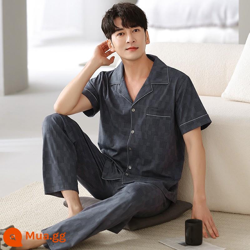 Bộ đồ ngủ nam cotton mùa hè quần ngắn tay nam cotton mỏng phần mùa hè cỡ lớn nửa tay nam phục vụ tại nhà phù hợp với - 8014 màu xám