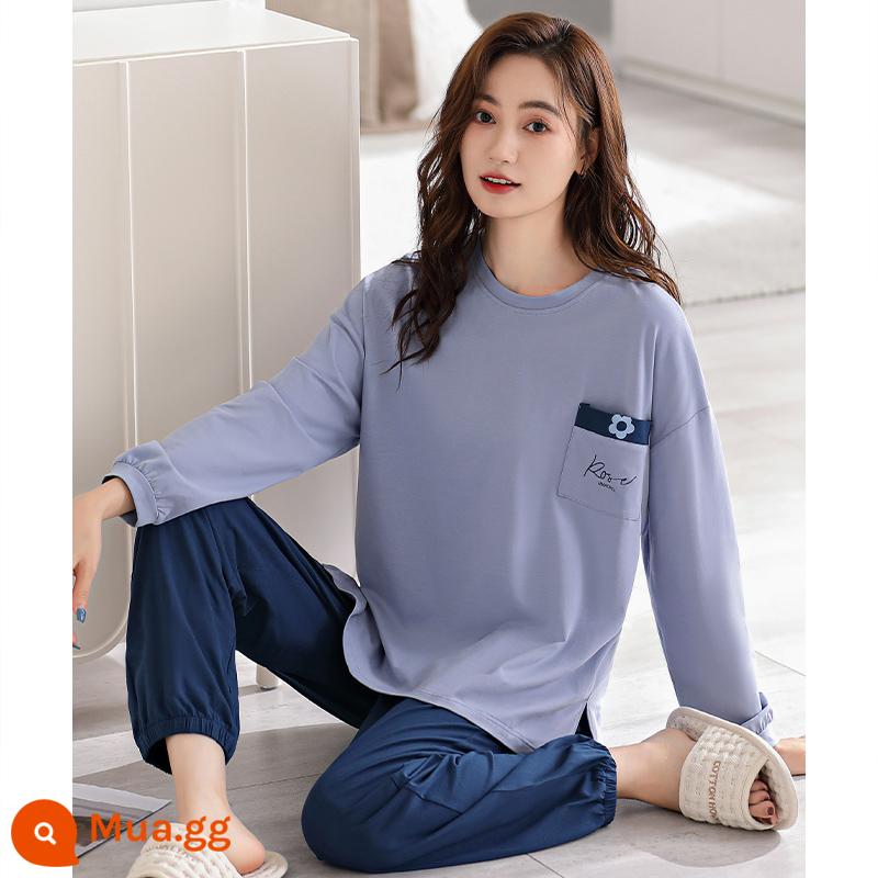 Bộ đồ ngủ nữ xuân thu cotton nguyên chất tay dài thu đông nữ 2022 bộ đồ mặc nhà thu đông nữ cotton mới - 18013 Sương sớm xanh