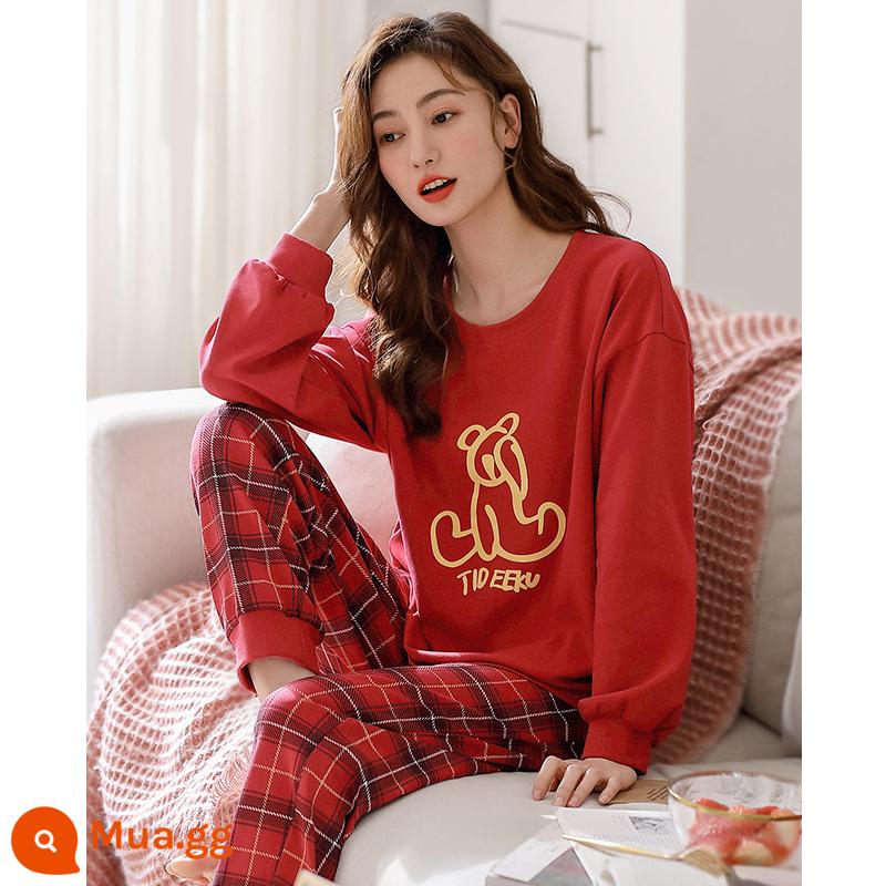 Bộ đồ ngủ nữ xuân thu dài tay cotton nguyên chất 2022 màu đỏ mới cưới năm sinh thu đông cotton mỏng mặc nhà - 823 màu đỏ