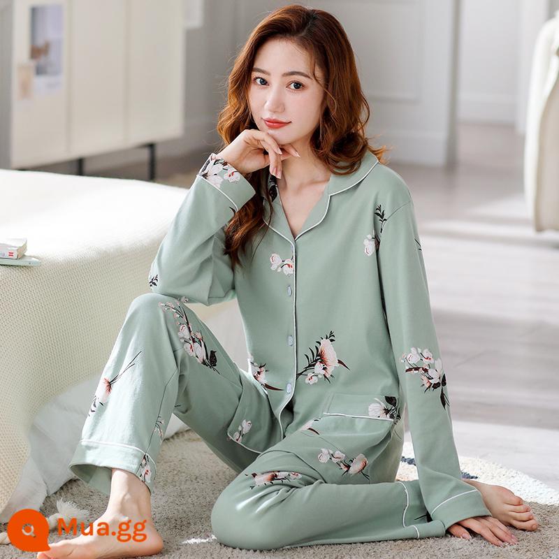 Bộ đồ ngủ nữ xuân thu dài tay cotton nguyên chất mẹ trung niên cotton thu đông nữ thu đông cỡ lớn phù hợp với dịch vụ tại nhà - 8237 đậu xanh