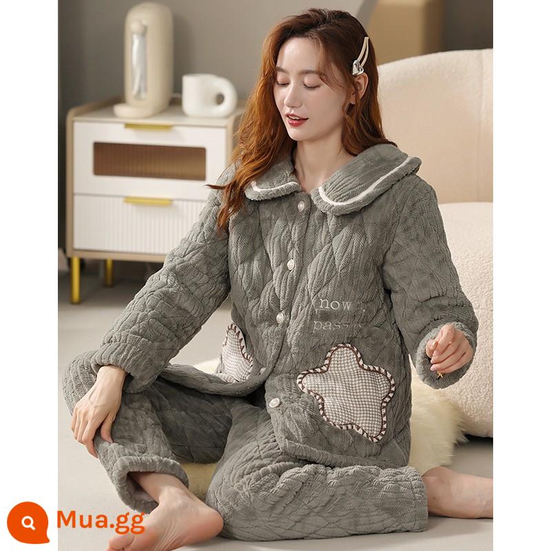 Bộ đồ ngủ nữ mùa đông lông cừu san hô ba lớp dày cộng với nhung chần bông thu đông flannel mùa đông cực dày quần áo mặc nhà mùa đông - 3322 xanh xám