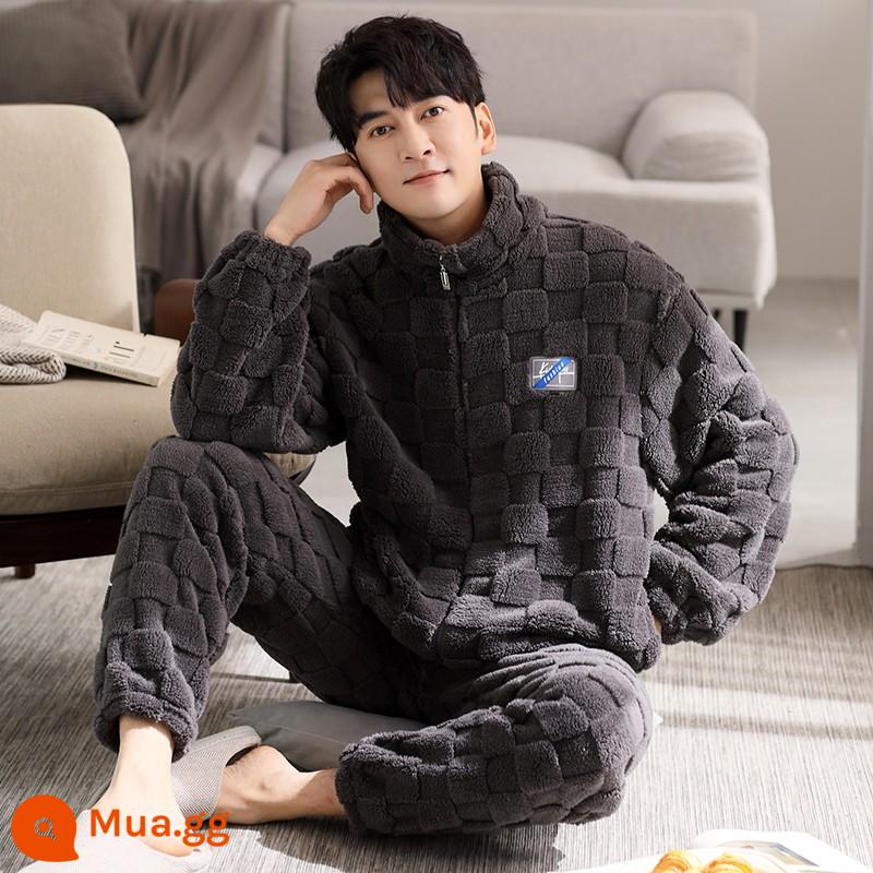 Bộ đồ ngủ nam mùa đông san hô nỉ dày Plus nhung ấm áp nam thu đông flannel nam mùa đông nhà quần áo - 8832 màu xám