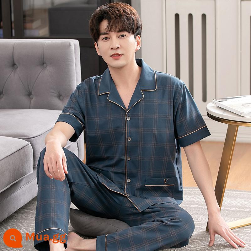 Bộ đồ ngủ nam cotton mùa hè quần ngắn tay nam cotton mỏng phần mùa hè cỡ lớn nửa tay nam phục vụ tại nhà phù hợp với - 2802 xám xanh