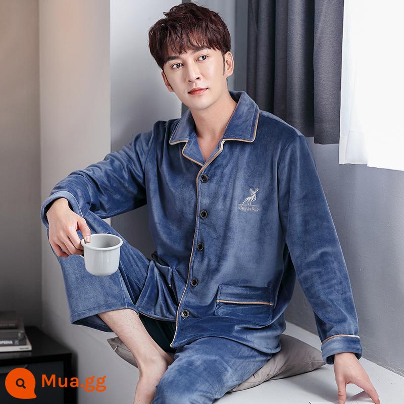 Bộ đồ ngủ nam mùa đông san hô nỉ dày cộng với nhung nam thu đông flannel nam size lớn thường mùa đông mặc nhà - 9711 hồ xanh