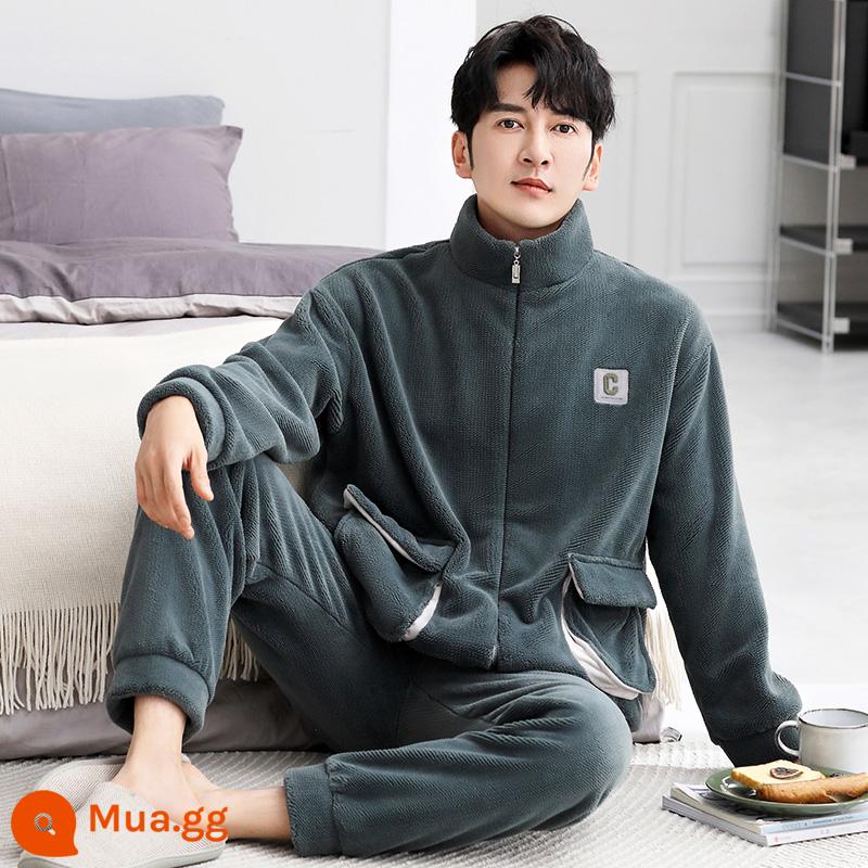 Bộ đồ ngủ nam mùa đông san hô nỉ dày cộng với nhung nam thu đông flannel nam size lớn thường mùa đông mặc nhà - F9039 xanh đậm