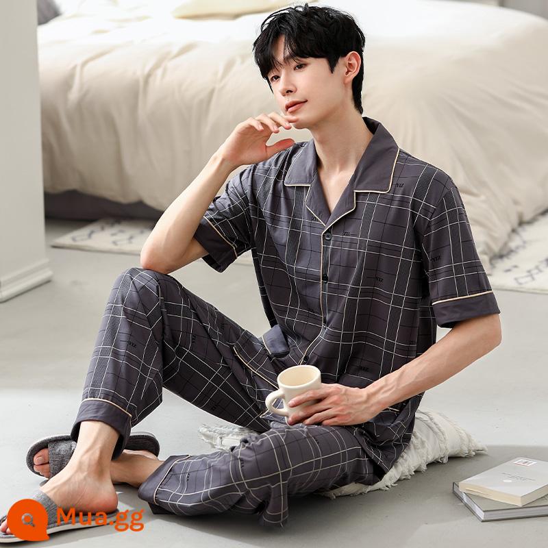 Bộ đồ ngủ nam cotton mùa hè quần ngắn tay nam cotton mỏng phần mùa hè cỡ lớn nửa tay nam phục vụ tại nhà phù hợp với - 63020 màu xám