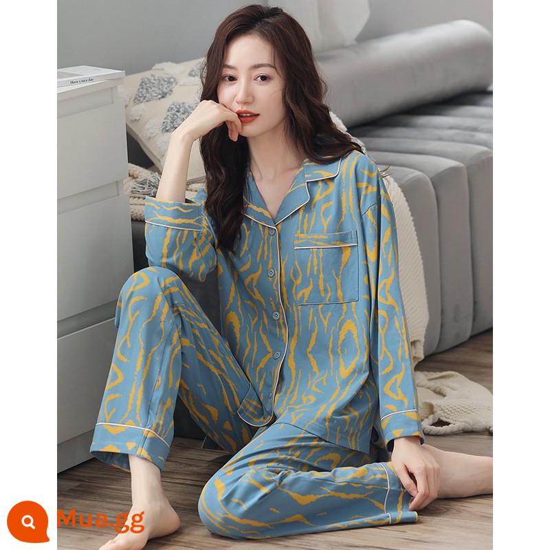 Bộ đồ ngủ nữ xuân thu dài tay cotton nguyên chất mẹ trung niên cotton thu đông nữ thu đông cỡ lớn phù hợp với dịch vụ tại nhà - 81019 Hồ Xanh