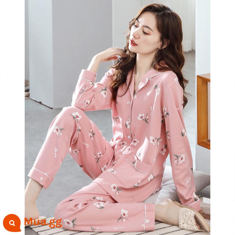 Bộ đồ ngủ nữ xuân thu dài tay cotton nguyên chất mẹ trung niên cotton thu đông nữ thu đông cỡ lớn phù hợp với dịch vụ tại nhà - 8223 Bột hoa anh thảo