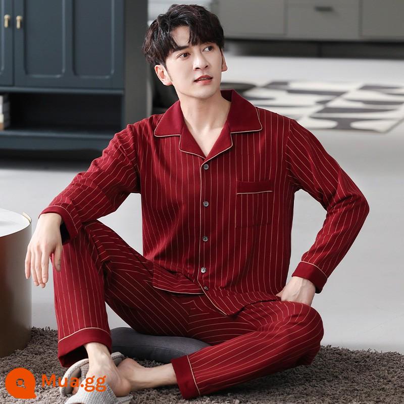 Đồ ngủ nam mẫu xuân thu cotton nguyên chất dài tay thu đông mẫu mỏng màu đỏ năm hoàng đạo nam mẫu thu đông quần áo mặc nhà - 88119 rượu vang đỏ