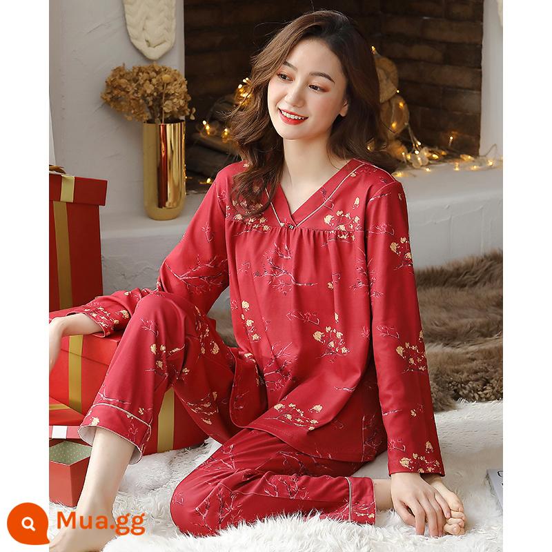 Bộ đồ ngủ nữ mùa xuân và mùa thu cotton nguyên chất dài tay màu đỏ theo năm con giáp mới cưới mùa thu cotton mỏng mùa thu đông dịch vụ cưới tại nhà - 60053 màu đỏ