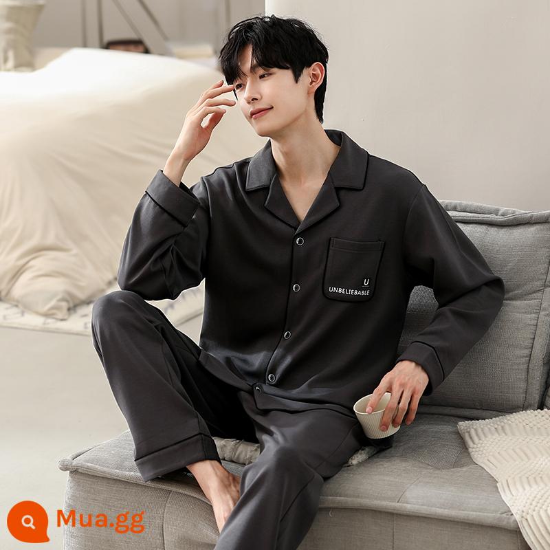 Bộ đồ ngủ nam mùa xuân và mùa thu dài tay cotton nguyên chất mùa thu 2022 bộ quần áo mặc nhà mùa thu nam mỏng mùa thu đông mới - 99139 màu xám đậm