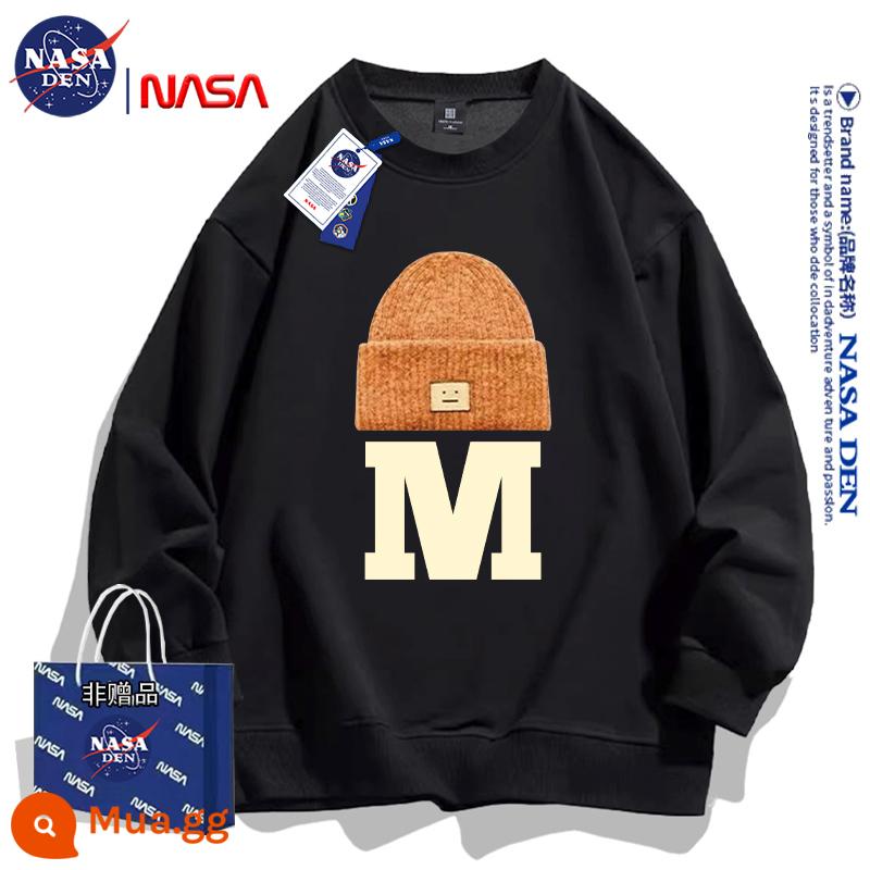 NASA đồng thương hiệu Mỹ hạng nặng mùa đông dài tay cotton dày T thương hiệu hợp thời trang dành cho nữ, dáng rộng cổ tròn cộng với áo sơ mi dày nhung dành cho cặp đôi - đen