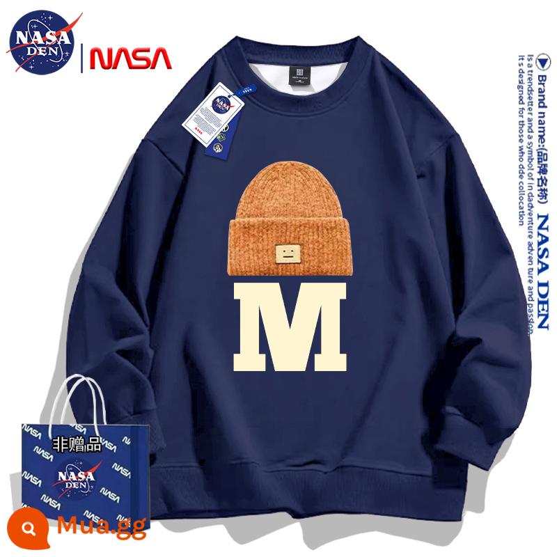 NASA đồng thương hiệu Mỹ hạng nặng mùa đông dài tay cotton dày T thương hiệu hợp thời trang dành cho nữ, dáng rộng cổ tròn cộng với áo sơ mi dày nhung dành cho cặp đôi - xanh hải quân