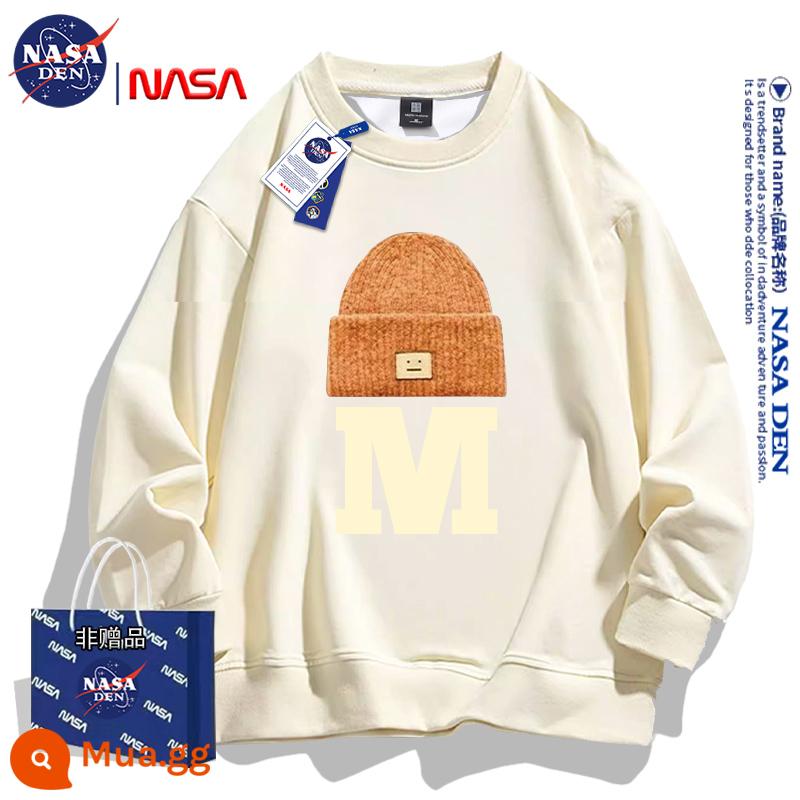 NASA đồng thương hiệu Mỹ hạng nặng mùa đông dài tay cotton dày T thương hiệu hợp thời trang dành cho nữ, dáng rộng cổ tròn cộng với áo sơ mi dày nhung dành cho cặp đôi - quả mơ