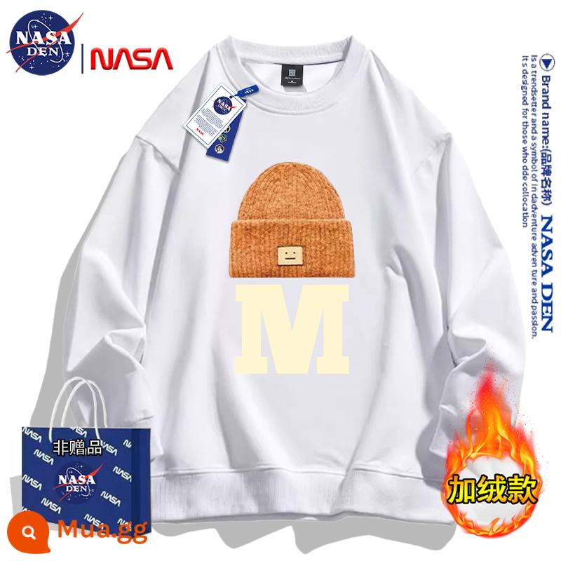 NASA đồng thương hiệu Mỹ hạng nặng mùa đông dài tay cotton dày T thương hiệu hợp thời trang dành cho nữ, dáng rộng cổ tròn cộng với áo sơ mi dày nhung dành cho cặp đôi - Trắng (cộng với nhung)