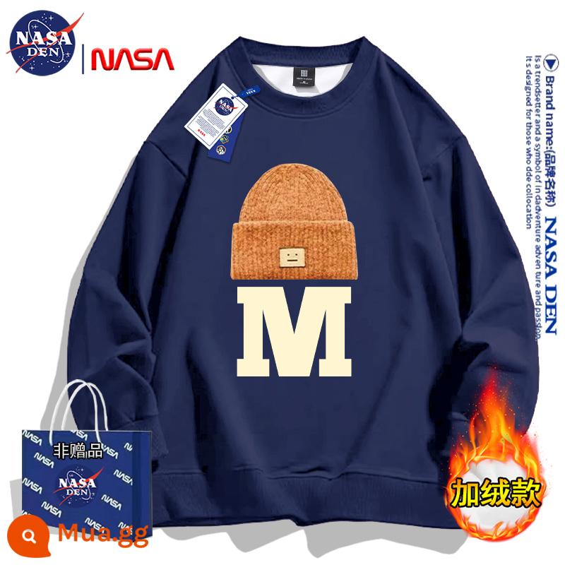 NASA đồng thương hiệu Mỹ hạng nặng mùa đông dài tay cotton dày T thương hiệu hợp thời trang dành cho nữ, dáng rộng cổ tròn cộng với áo sơ mi dày nhung dành cho cặp đôi - Màu xanh hải quân (cộng với nhung)