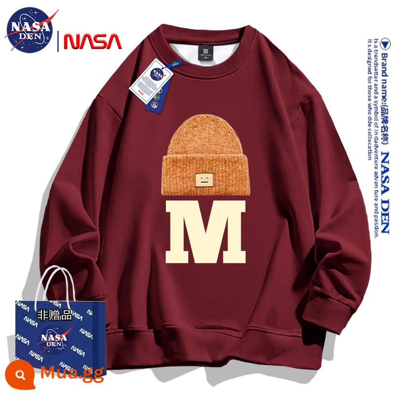 NASA đồng thương hiệu Mỹ hạng nặng mùa đông dài tay cotton dày T thương hiệu hợp thời trang dành cho nữ, dáng rộng cổ tròn cộng với áo sơ mi dày nhung dành cho cặp đôi - rượu vang