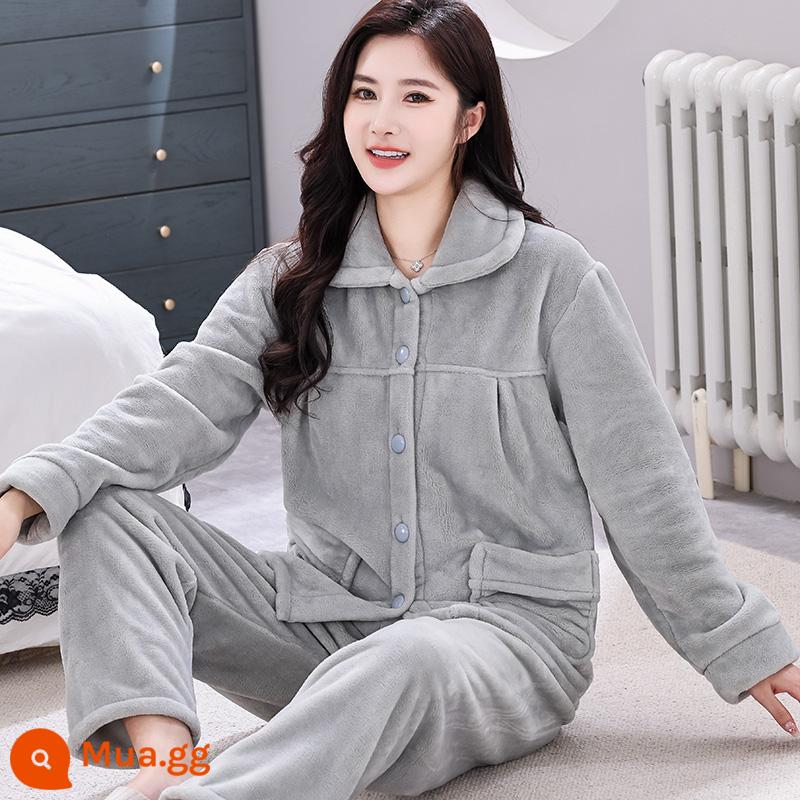 Bộ đồ ngủ lông cừu san hô mùa xuân và mùa thu của phụ nữ mùa thu và mùa đông dày flannel cộng với nhung phù hợp với dịch vụ gia đình mới 2022 kích thước lớn - Áo len cardigan nữ W 601 - xám nhạt