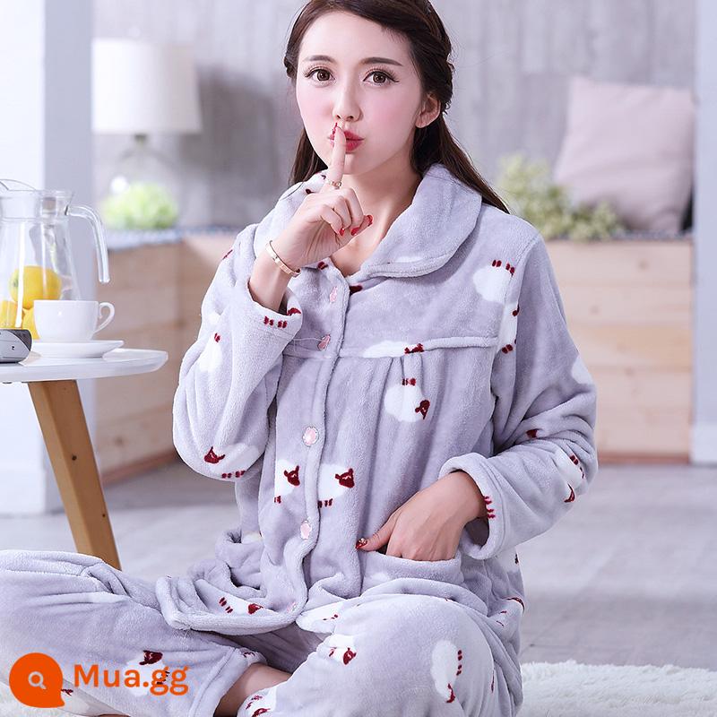 Bộ đồ ngủ lông cừu san hô mùa xuân và mùa thu của phụ nữ mùa thu và mùa đông dày flannel cộng với nhung phù hợp với dịch vụ gia đình mới 2022 kích thước lớn - 628 con cừu nhỏ đáy xám