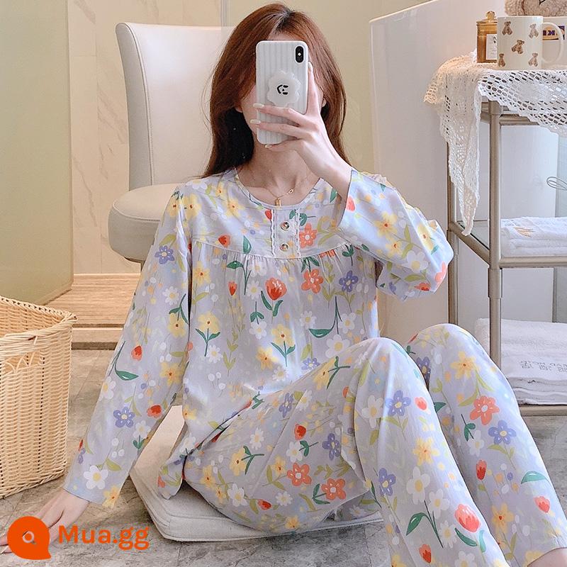 Bộ đồ ngủ cotton lụa mùa xuân và mùa thu mới 2023 cho nữ mùa hè mỏng cotton lụa mùa hè bộ quần áo mặc ở nhà điều hòa không khí - HDX dài tay-TT016-nữ