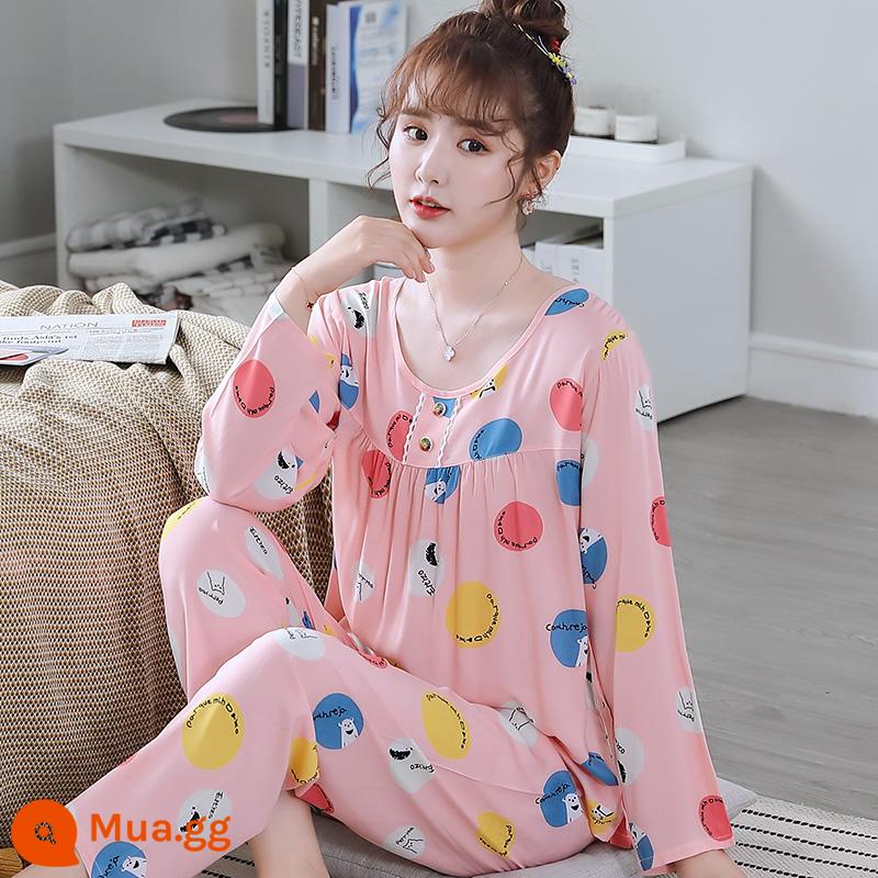 Bộ đồ ngủ cotton lụa mùa xuân và mùa thu mới 2023 cho nữ mùa hè mỏng cotton lụa mùa hè bộ quần áo mặc ở nhà điều hòa không khí - HGC-Tay Dài Cổ Tròn Màu Hồng-Nữ