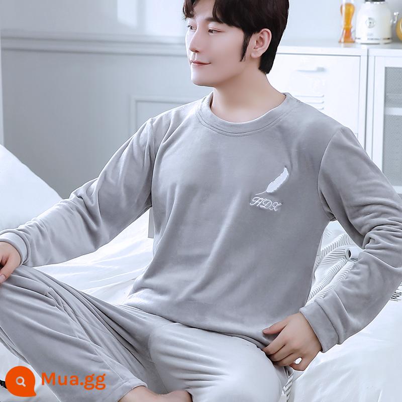 Coral Velvet Pyjamas Men Autumn and Winter Island Sleeve Suit Suit Sit Kích thước lớn có thể mặc dịch vụ gia đình mới - D đảo nhung - áo chui đầu lông trắng xám bạc nhạt - nam