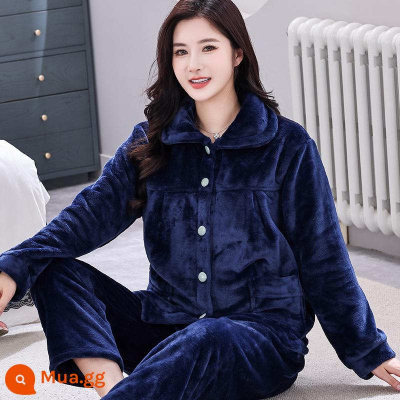 Bộ đồ ngủ lông cừu san hô mùa xuân và mùa thu của phụ nữ mùa thu và mùa đông dày flannel cộng với nhung phù hợp với dịch vụ gia đình mới 2022 kích thước lớn - Áo cardigan nữ W 601-Xanh hải quân