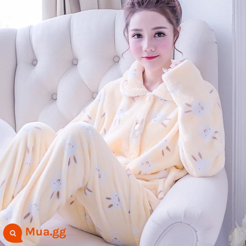 Bộ đồ ngủ lông cừu san hô mùa xuân và mùa thu của phụ nữ mùa thu và mùa đông dày flannel cộng với nhung phù hợp với dịch vụ gia đình mới 2022 kích thước lớn - Áo cardigan 650 màu vàng thỏ