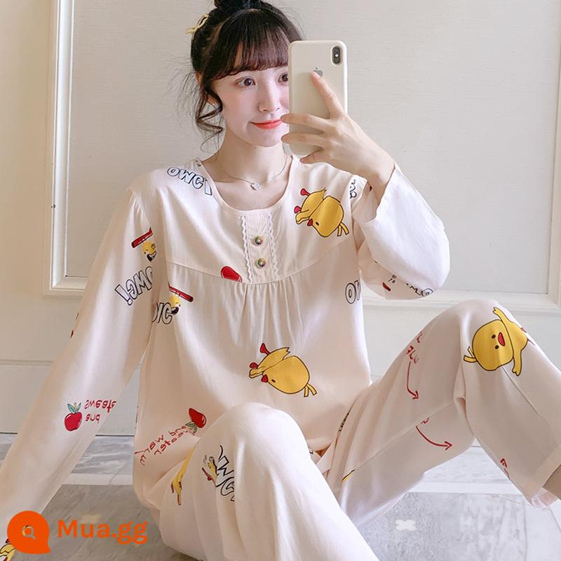 Bộ đồ ngủ cotton lụa mùa xuân và mùa thu mới 2023 cho nữ mùa hè mỏng cotton lụa mùa hè bộ quần áo mặc ở nhà điều hòa không khí - D-Pullover Dài Tay Vịt Cherry Màu Be-Nữ