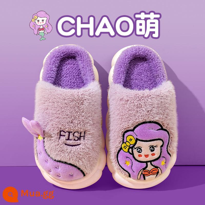 Dép bông trẻ em Mùa thu và mùa đông Boys Dép dép dễ thương Cô gái trong nhà trong nhà cha mẹ -Child Baby Home Shoes 2022 MỚI - nàng tiên cá màu tím