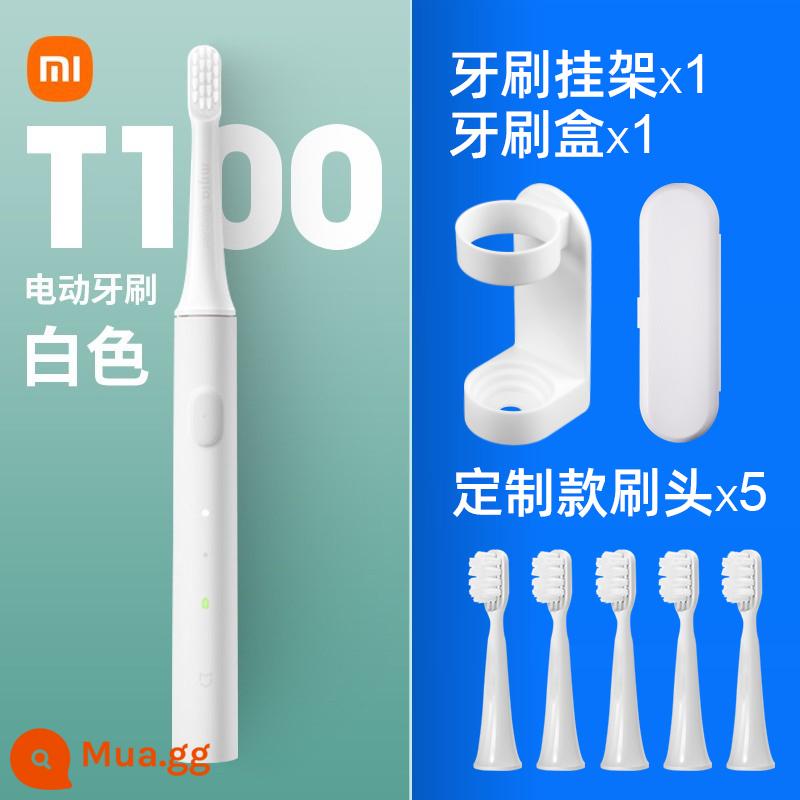 Bàn chải đánh răng điện Xiaomi T100 Bàn chải đánh răng trẻ em có thể sạc lại Mijia bàn chải mềm dành cho người lớn cặp đôi sinh viên tiệc bé trai và bé gái - [Giá trị lớn] Màu trắng + 5 đầu cọ tùy chỉnh + móc treo + hộp cọ