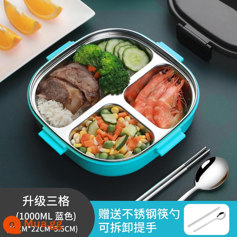 Hộp cơm bento cách nhiệt siêu dài học sinh tiểu học thép không gỉ 304 ngăn nhân viên văn phòng căng tin hộp cơm bento cho trẻ em - Nâng cấp ba ngăn màu xanh 1000ml [thu mua để nhận đũa và thìa miễn phí]