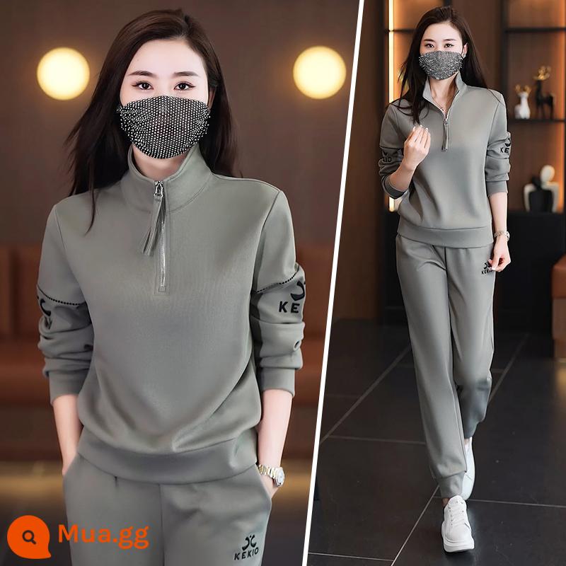 Bộ đồ thể thao nữ quần áo mùa thu mới thời trang Hàn Quốc cotton áo nỉ giảm béo bộ đồ chạy bộ mùa xuân và mùa thu thường ngày hai mảnh - 2390 xám nhạt (quần áo thể thao)