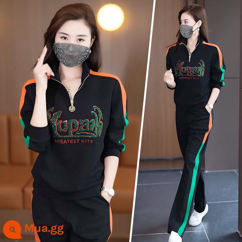 Bộ đồ thể thao cho nữ mùa xuân và mùa thu áo len cotton thời trang mới phong cách phương Tây giảm tuổi tác trang phục đầu thu chạy bộ trang phục thường ngày Bộ đồ hai mảnh - 3603 xanh đen (phong cách trung niên Hồng Kông)