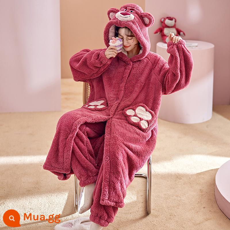 Pyjamas nữ san hô nhung Velvet mùa thu và đồ ngủ mùa đông cộng với nhung dày mùa đông Flael Velvet Strawberry Bear - 19838