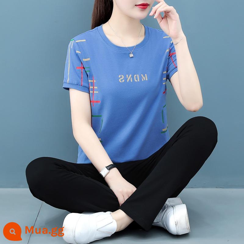 Bộ đồ thể thao cotton thường ngày cho nữ mùa hè 2022 bộ đồ hai mảnh ngắn tay mới phóng khoáng phong cách nước ngoài bốn mươi tuổi - Xanh da trời (tay ngắn + quần dài)