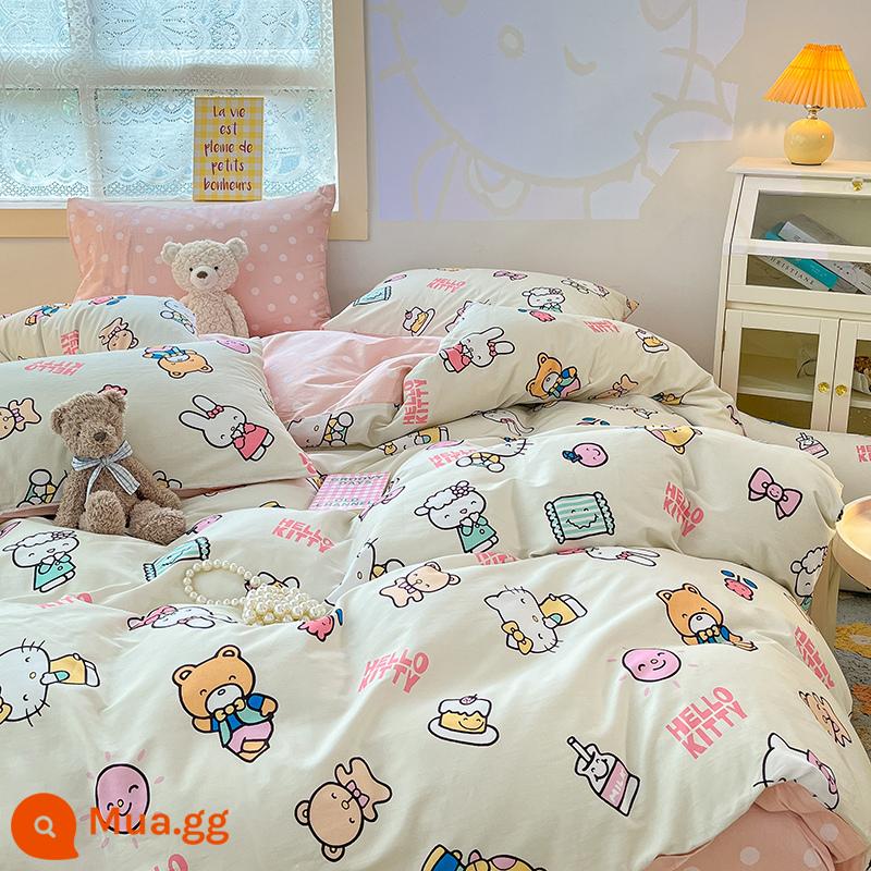 Dễ Thương Mèo HelloKitty Cotton Bộ 4 Cotton Nguyên Chất Hoạt Hình Cô Gái Trái Tim Giường Vỏ Chăn 3 Bộ - xin chào kt