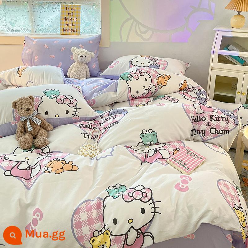 Dễ Thương Mèo HelloKitty Cotton Bộ 4 Cotton Nguyên Chất Hoạt Hình Cô Gái Trái Tim Giường Vỏ Chăn 3 Bộ - kt ảo