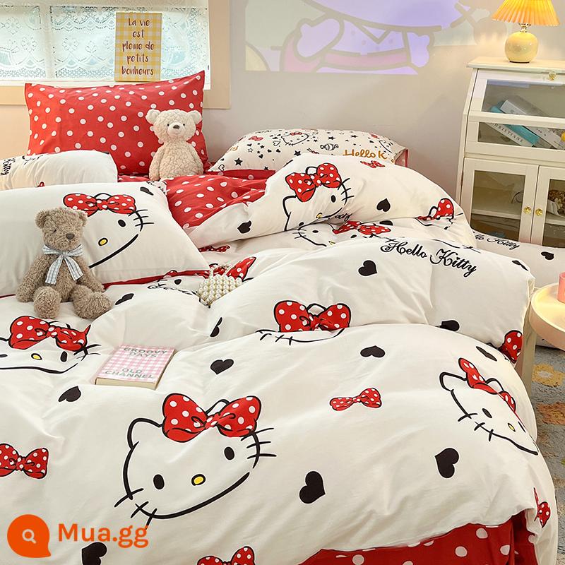 Dễ Thương Mèo HelloKitty Cotton Bộ 4 Cotton Nguyên Chất Hoạt Hình Cô Gái Trái Tim Giường Vỏ Chăn 3 Bộ - Điểm sóng KT