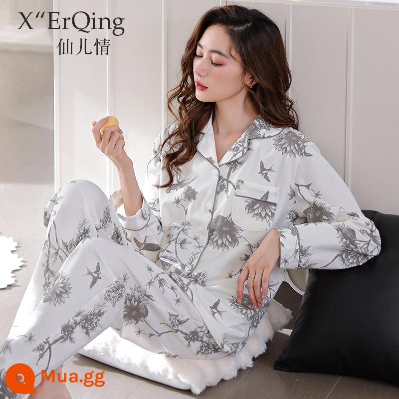 Bộ đồ ngủ nữ cotton nguyên chất dài tay mùa xuân và mùa thu đông áo len cỡ lớn rời mẹ trung niên phục vụ tại nhà mùa hè phù hợp với mỏng - C6784 Hoa màu be