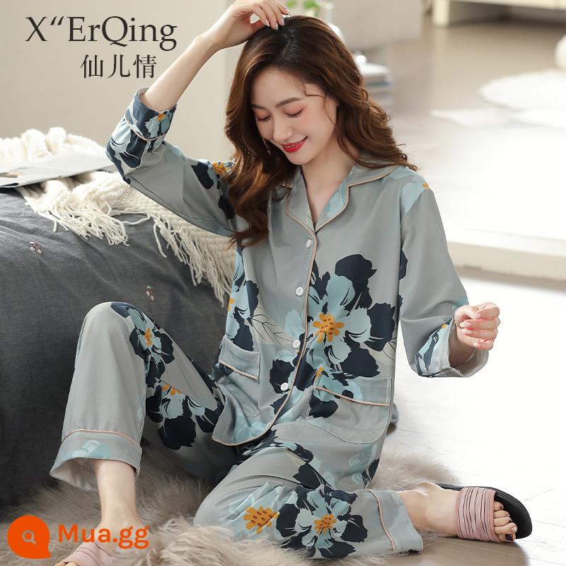 Bộ đồ ngủ nữ cotton nguyên chất dài tay mùa xuân và mùa thu đông áo len cỡ lớn rời mẹ trung niên phục vụ tại nhà mùa hè phù hợp với mỏng - C9264 Tuyết Xanh Xám-Hoa