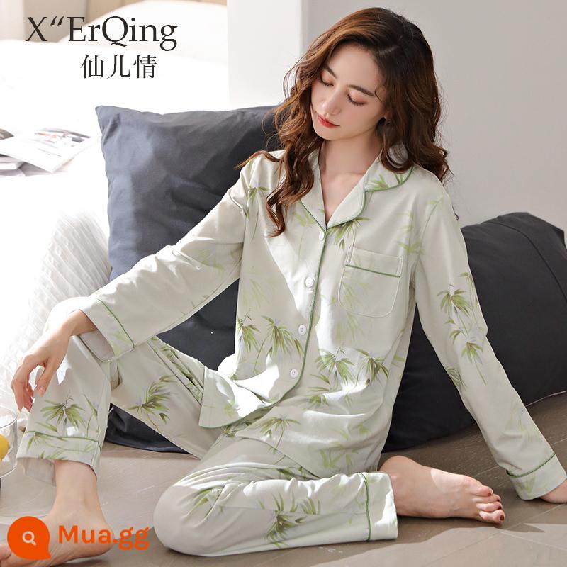 Bộ đồ ngủ nữ cotton nguyên chất dài tay mùa xuân và mùa thu đông áo len cỡ lớn rời mẹ trung niên phục vụ tại nhà mùa hè phù hợp với mỏng - C6794 Sữa Xanh Hoa