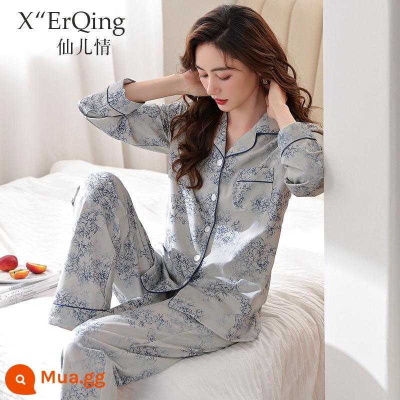 Bộ đồ ngủ nữ cotton nguyên chất dài tay mùa xuân và mùa thu đông áo len cỡ lớn rời mẹ trung niên phục vụ tại nhà mùa hè phù hợp với mỏng - C6795 Hoa xanh xám