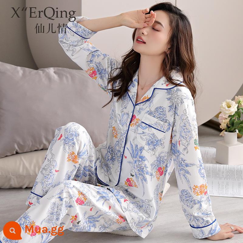 Bộ đồ ngủ nữ cotton nguyên chất dài tay mùa xuân và mùa thu đông áo len cỡ lớn rời mẹ trung niên phục vụ tại nhà mùa hè phù hợp với mỏng - C6601 Xuân Hoa Xanh